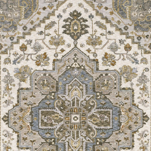 8' X 11' Ivory And Gold Medallion Distressed Area Rug With Fringe