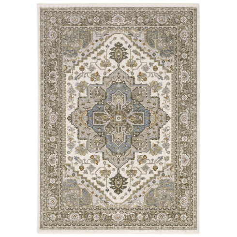 8' X 11' Ivory And Gold Medallion Distressed Area Rug With Fringe
