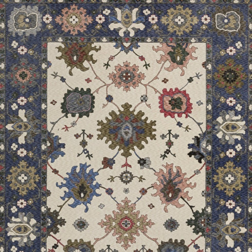 8' X 11' Blue And Ivory Floral Area Rug With Fringe