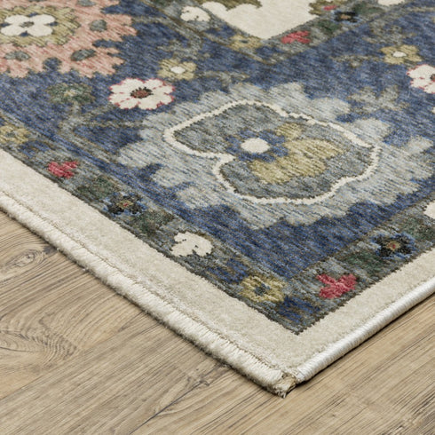 8' X 11' Blue And Ivory Floral Area Rug With Fringe