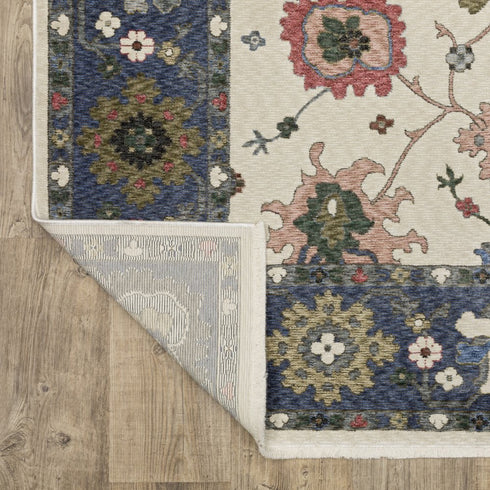 8' X 11' Blue And Ivory Floral Area Rug With Fringe