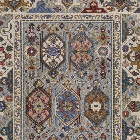 8' X 11' Blue And Gray Oriental Area Rug With Fringe