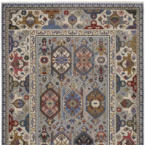 8' X 11' Blue And Gray Oriental Area Rug With Fringe