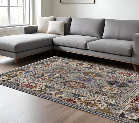 8' X 11' Blue And Gray Oriental Area Rug With Fringe