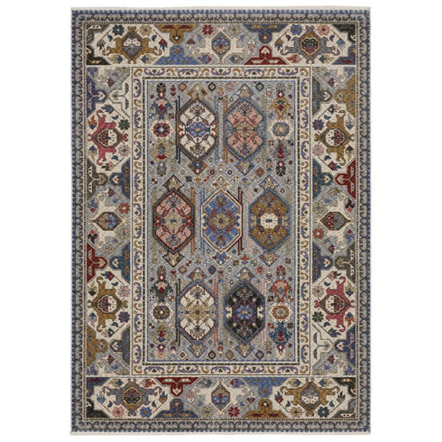 8' X 11' Blue And Gray Oriental Area Rug With Fringe