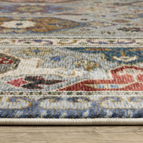 8' X 11' Blue And Gray Oriental Area Rug With Fringe