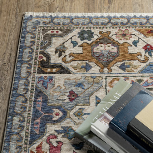 8' X 11' Blue And Gray Oriental Area Rug With Fringe
