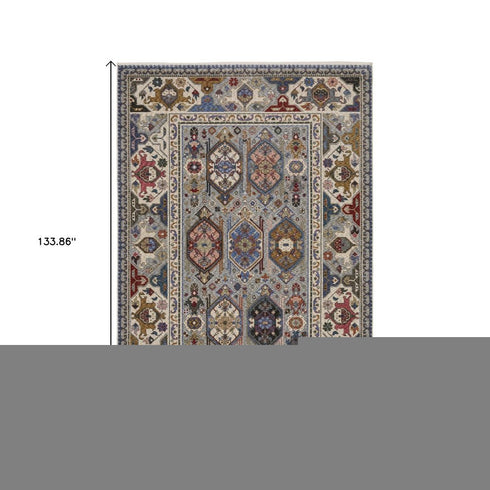 8' X 11' Blue And Gray Oriental Area Rug With Fringe