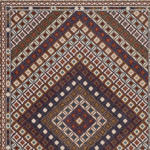 8' X 11' Ivory Red And Tan Diamond Area Rug With Fringe