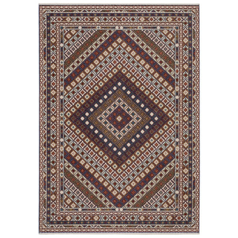 8' X 11' Ivory Red And Tan Diamond Area Rug With Fringe