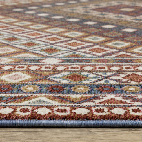 8' X 11' Ivory Red And Tan Diamond Area Rug With Fringe