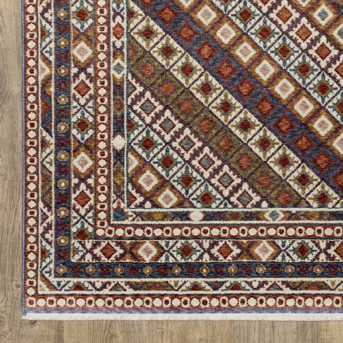 8' X 11' Ivory Red And Tan Diamond Area Rug With Fringe