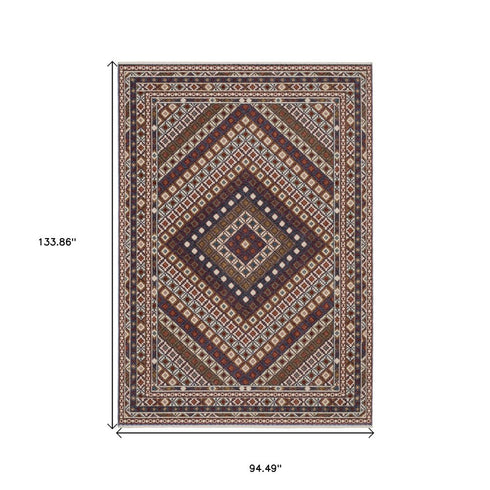 8' X 11' Ivory Red And Tan Diamond Area Rug With Fringe