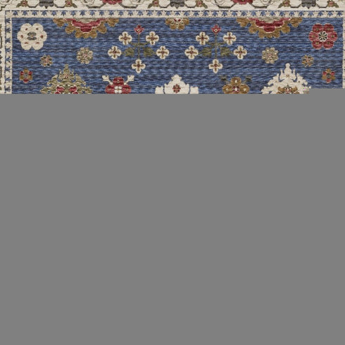 8' X 11' Blue And Ivory Floral Area Rug With Fringe