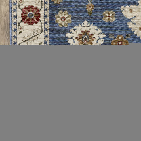 8' X 11' Blue And Ivory Floral Area Rug With Fringe