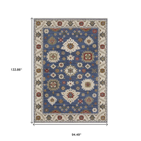 8' X 11' Blue And Ivory Floral Area Rug With Fringe