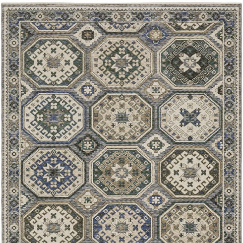 8' X 11' Ivory And Blue Medallion Area Rug With Fringe