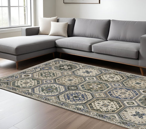 8' X 11' Ivory And Blue Medallion Area Rug With Fringe