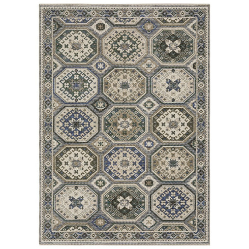 8' X 11' Ivory And Blue Medallion Area Rug With Fringe