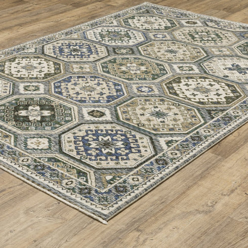 8' X 11' Ivory And Blue Medallion Area Rug With Fringe
