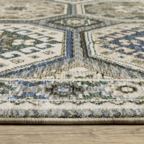 8' X 11' Ivory And Blue Medallion Area Rug With Fringe