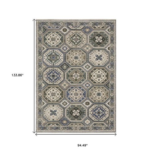 8' X 11' Ivory And Blue Medallion Area Rug With Fringe