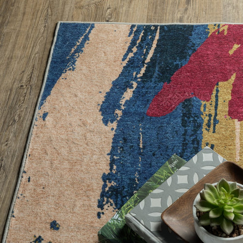 8' X 10' Blue And Gold Abstract Distressed Area Rug