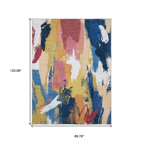 8' X 10' Blue And Gold Abstract Distressed Area Rug