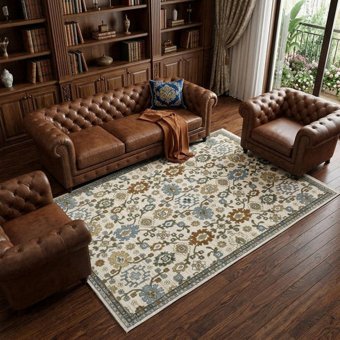 8' X 11' Ivory Blue And Brown Floral Area Rug With Fringe