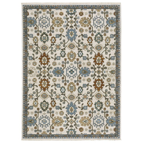 8' X 11' Ivory Blue And Brown Floral Area Rug With Fringe
