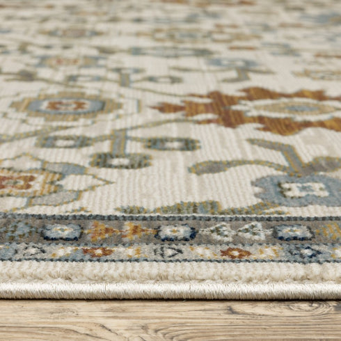 8' X 11' Ivory Blue And Brown Floral Area Rug With Fringe