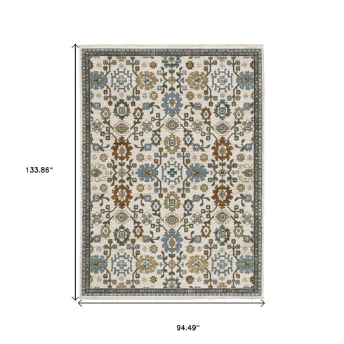 8' X 11' Ivory Blue And Brown Floral Area Rug With Fringe