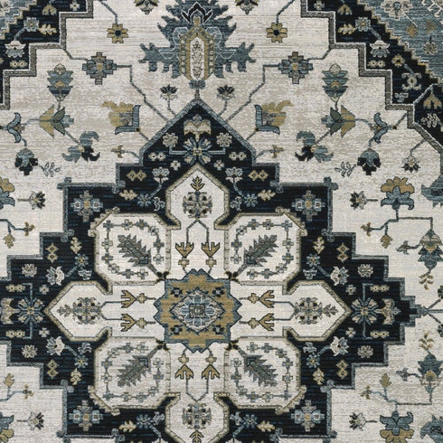 8' X 11' Blue Gray And Ivory Medallion Area Rug With Fringe