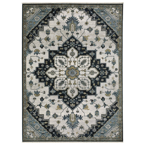 8' X 11' Blue Gray And Ivory Medallion Area Rug With Fringe