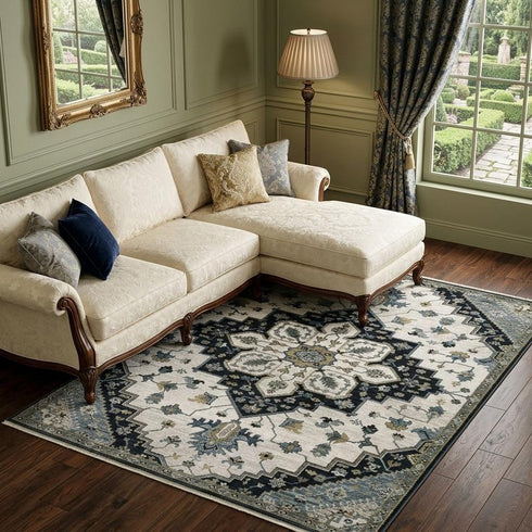 8' X 11' Blue Gray And Ivory Medallion Area Rug With Fringe