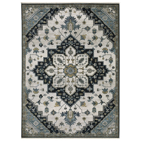 8' X 11' Blue Gray And Ivory Medallion Area Rug With Fringe