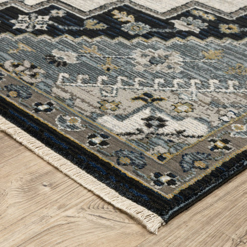 8' X 11' Blue Gray And Ivory Medallion Area Rug With Fringe