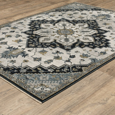 8' X 11' Blue Gray And Ivory Medallion Area Rug With Fringe