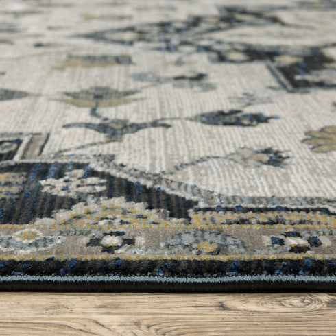 8' X 11' Blue Gray And Ivory Medallion Area Rug With Fringe