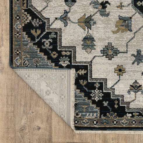 8' X 11' Blue Gray And Ivory Medallion Area Rug With Fringe