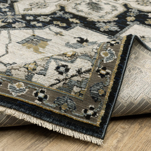 8' X 11' Blue Gray And Ivory Medallion Area Rug With Fringe