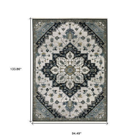 8' X 11' Blue Gray And Ivory Medallion Area Rug With Fringe