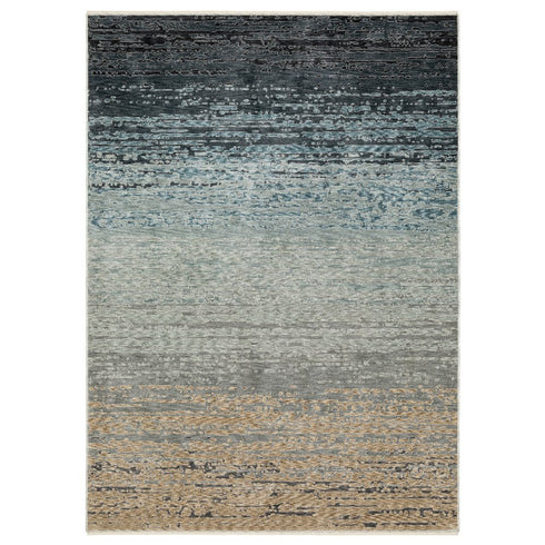 8' X 11' Blue And Beige Ombre Area Rug With Fringe