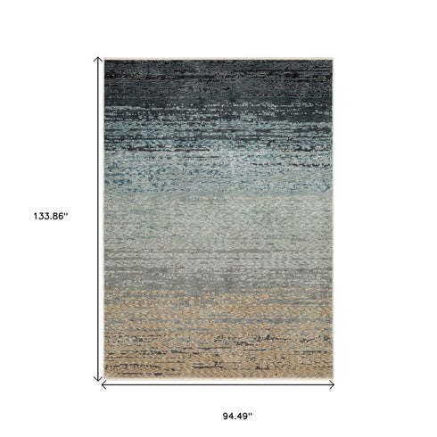 8' X 11' Blue And Beige Ombre Area Rug With Fringe