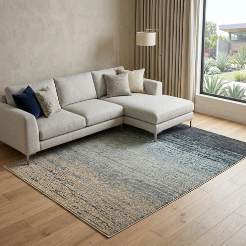 8' X 11' Blue And Beige Ombre Area Rug With Fringe