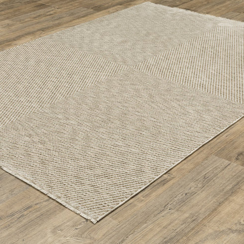 8' X 11' Beige And Tan Striped Area Rug With Fringe