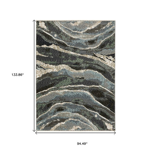 8' X 11' Blue Black And Beige Abstract Area Rug With Fringe