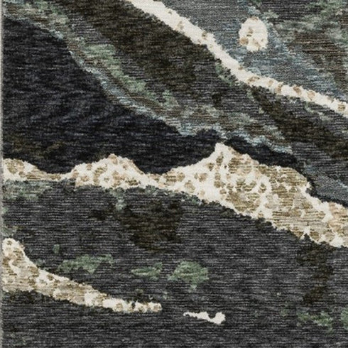 8' X 11' Blue Black And Beige Abstract Area Rug With Fringe