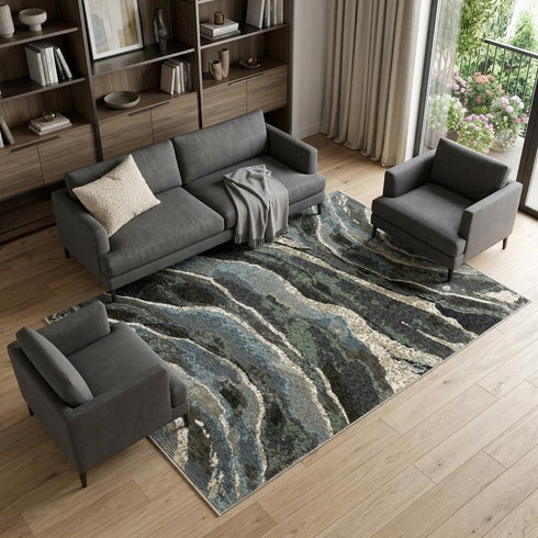 8' X 11' Blue Black And Beige Abstract Area Rug With Fringe