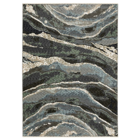 8' X 11' Blue Black And Beige Abstract Area Rug With Fringe